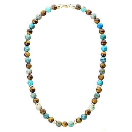 Niebiski jaspis i brązowe tygrysie oko męski naszyjnik z pozłacaną stalą Manoki manoki.pl