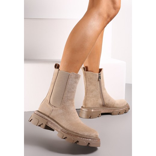 Beżowe Botki Sztyblety na Grubej Podeszwie z Wstawką w Cyrkonie Alimione Renee 36 renee.pl okazyjna cena
