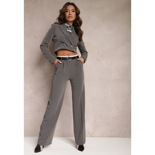 Szare Spodnie Garniturowe High Waist z Przeszyciami Variola ze sklepu Renee odzież w kategorii Spodnie damskie - zdjęcie 165512304