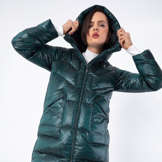 Damski płaszcz puchowy z nylonu z kapturem zielony ze sklepu WITTCHEN w kategorii Płaszcze damskie - zdjęcie 165540393