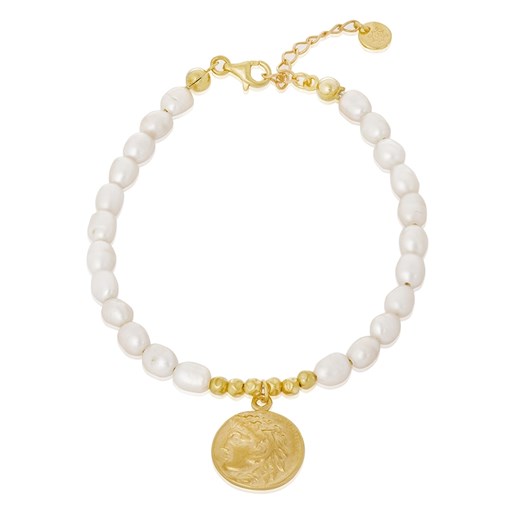 bransoletka z perłami i monetą, srebrna pozłacana ze sklepu ANIA KRUK w kategorii Bransoletki - zdjęcie 165592253