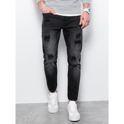 Spodnie męskie jeansowe z dziurami SLIM FIT - czarne P1025 ze sklepu ombre w kategorii Jeansy męskie - zdjęcie 165599413