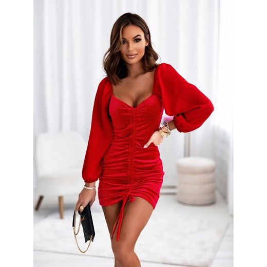 Welurowa sukienka z tiulowy rękawem - SIMONE - czerwona ze sklepu magmac.pl w kategorii Sukienki - zdjęcie 165652710
