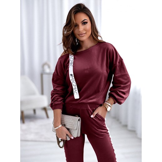 Welurowy dres bluza+spodnie z lampasem SARAH - bordowy Magmac one size promocja magmac.pl