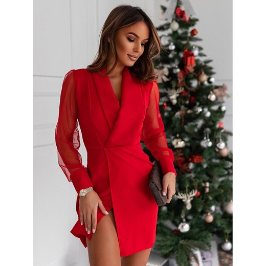 Elegancka sukienka z tiulowym rękawem - DIONA - czerwona Magmac one size magmac.pl