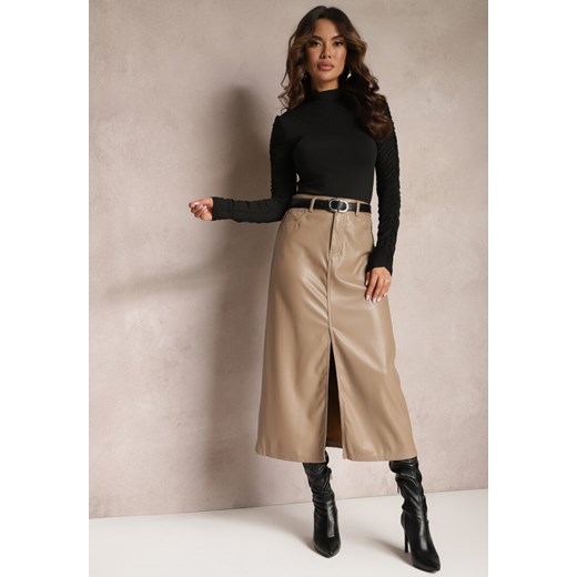 Ciemnobeżowa Trapezowa Spódnica Maxi z Imitacji Skóry Selariel ze sklepu Renee odzież w kategorii Spódnice - zdjęcie 165668134