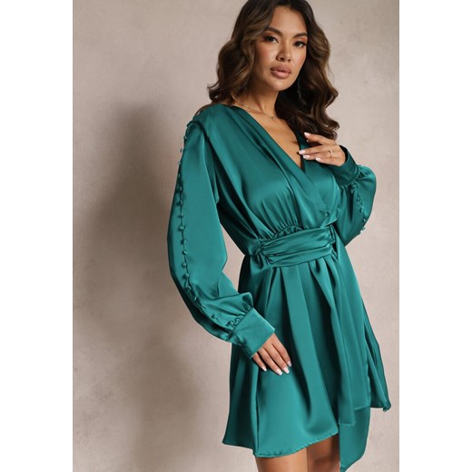 Zielona Sukienka z Paskiem Ozdobionym Klamrą i Gumką w Talii z Kopertowym Dekoltem Carbanla ze sklepu Renee odzież w kategorii Sukienki - zdjęcie 165668444