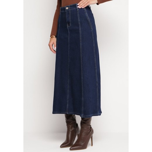 Granatowa Trapezowa Jeansowa Spódnica Maxi z Przeszyciami Serinal ze sklepu Born2be Odzież w kategorii Spódnice - zdjęcie 165683234