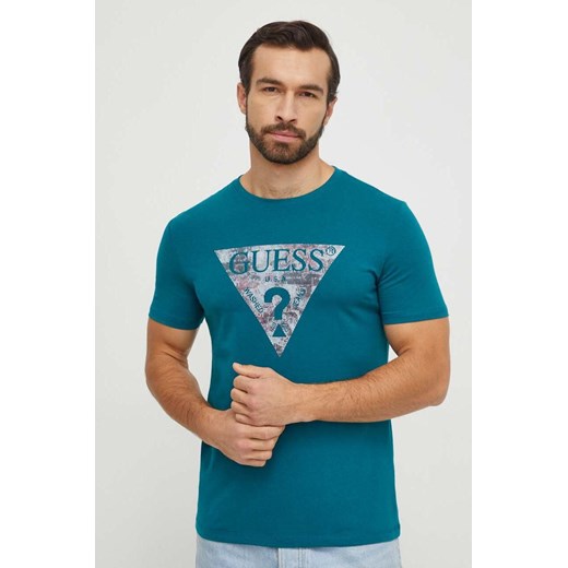 Guess t-shirt męski kolor turkusowy z nadrukiem M4RI29 J1314 ze sklepu ANSWEAR.com w kategorii T-shirty męskie - zdjęcie 165706960
