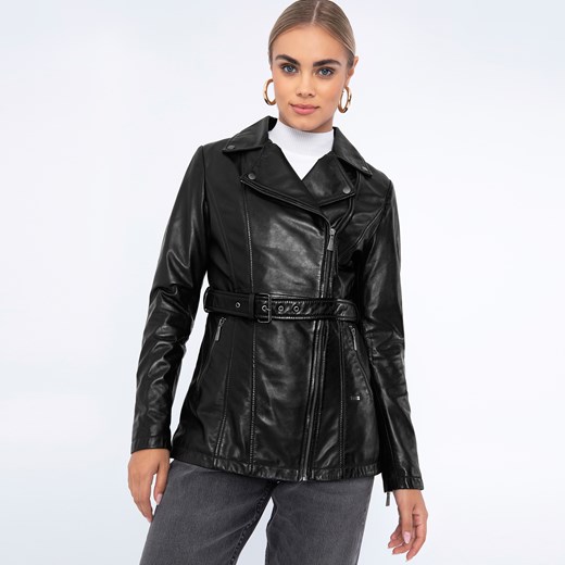 Damska kurtka skórzana z paskiem czarna ze sklepu WITTCHEN w kategorii Kurtki damskie - zdjęcie 165707953