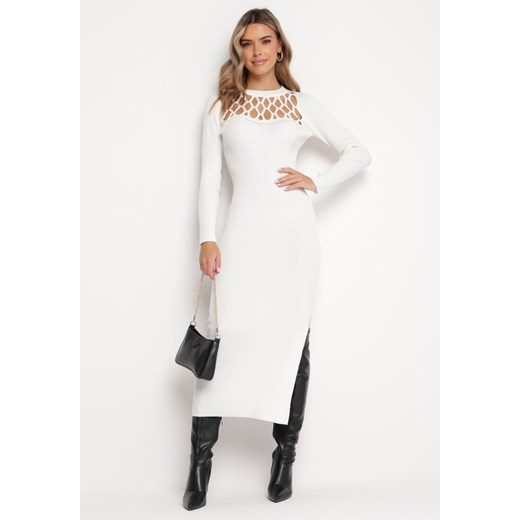 Biała Prążkowana Sukienka Maxi z Ażurowym Wzorem i Wycięciem Zanelia ze sklepu Born2be Odzież w kategorii Sukienki - zdjęcie 165741532