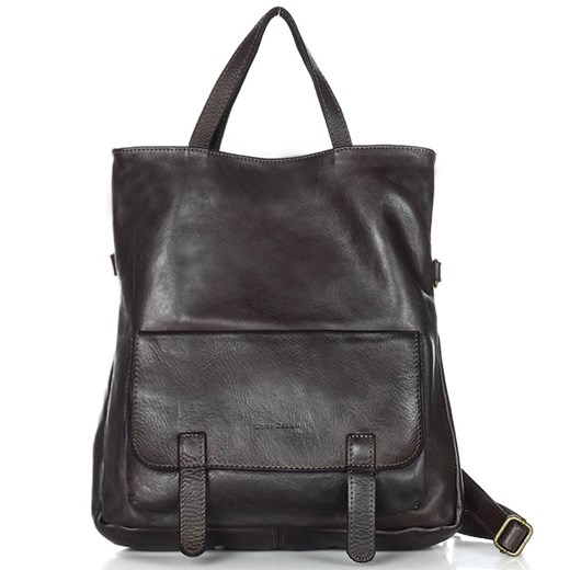 Skórzana torebka plecak z kieszenią z przodu - MARCO MAZZINI ciemny brąz caffe ze sklepu Verostilo w kategorii Listonoszki - zdjęcie 165743391