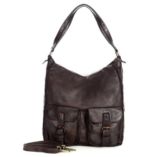 Torebka skórzana na ramię z kieszonkami safari leather bag - MARCO MAZZINI ciemny brąz caffe ze sklepu Verostilo w kategorii Listonoszki - zdjęcie 165744063