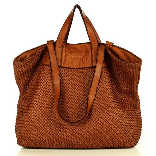 Torba damska pleciona shopper & shoulder leather bag - MARCO MAZZINI brąz karmel ze sklepu Verostilo w kategorii Torby Shopper bag - zdjęcie 165744452