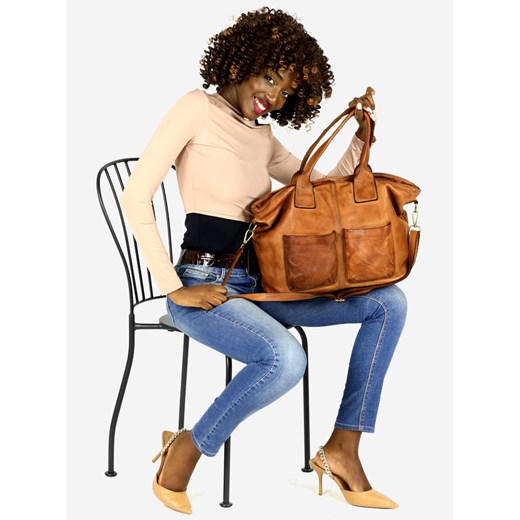 Torebka skórzana shopper bag - MARCO MAZZINI camel ze sklepu Verostilo w kategorii Torby Shopper bag - zdjęcie 165744821