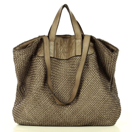 Torba damska pleciona shopper & shoulder leather bag - MARCO MAZZINI beż taupe ze sklepu Verostilo w kategorii Torby Shopper bag - zdjęcie 165745014