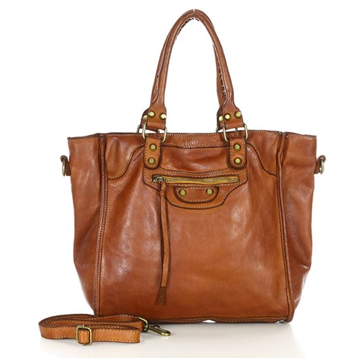 Skórzany shopper bag torebka do ręki - MARCO MAZZZINI brąz camel ze sklepu Verostilo w kategorii Torby Shopper bag - zdjęcie 165745504