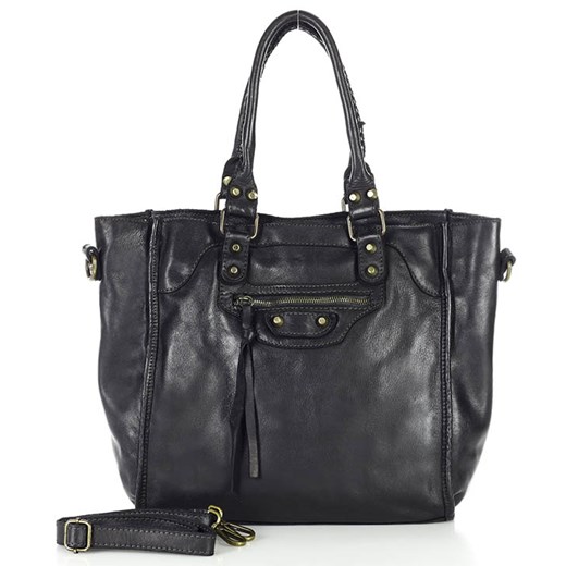 Skórzany shopper bag torebka do ręki - MARCO MAZZZINI czarny ze sklepu Verostilo w kategorii Torby Shopper bag - zdjęcie 165745691
