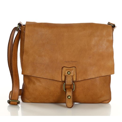 Torebka skórzana listonoszka stylowy minimalizm ala messenger leather bag - MARCO MAZZINI camel ze sklepu Verostilo w kategorii Listonoszki - zdjęcie 165745793