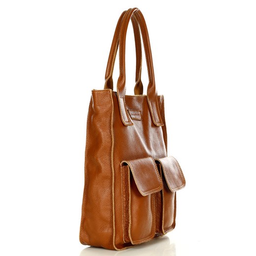 Torebka skórzany shopper bag z kieszeniami - MARCO MAZZINI brąz karmel ze sklepu Verostilo w kategorii Torby Shopper bag - zdjęcie 165745833