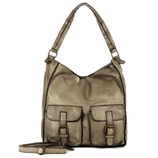 Torebka skórzana na ramię z kieszonkami safari leather bag - MARCO MAZZINI beż taupe ze sklepu Verostilo w kategorii Listonoszki - zdjęcie 165746521