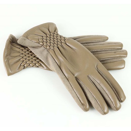 Stylowe rękawiczki damskie skóra eco na ściagaczu - MARCO MAZZINI beżowe ze sklepu Verostilo w kategorii Rękawiczki damskie - zdjęcie 165747380