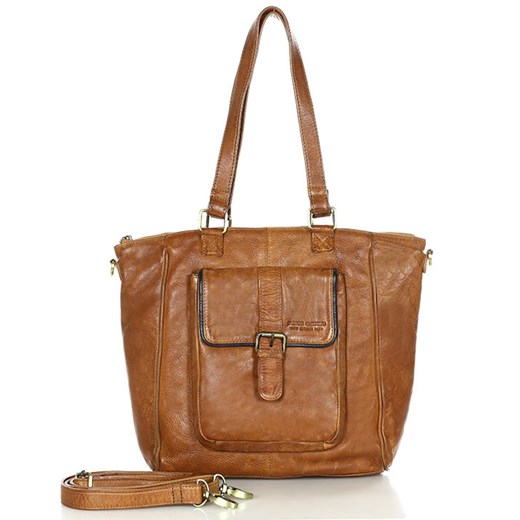 Torba skórzana vintage shopper miejski z kieszonką - MARCO MAZZINI brąz camel ze sklepu Verostilo w kategorii Torby Shopper bag - zdjęcie 165748364