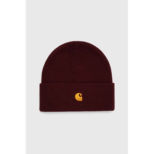 Carhartt WIP czapka Chase Beanie kolor bordowy z grubej dzianiny I026222.1QYXX ze sklepu PRM w kategorii Czapki zimowe damskie - zdjęcie 165796773
