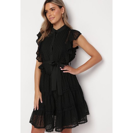 Czarna Koszulowa Sukienka Mini z Falbankami i Wiązanym Paskiem Divertire ze sklepu Born2be Odzież w kategorii Sukienki - zdjęcie 165809412
