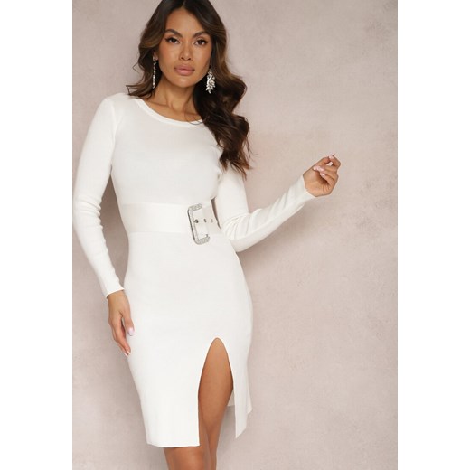 Biała Sweterkowa Sukienka Mini z Ozdobnym Paskiem i Rozcięciem Helinor ze sklepu Renee odzież w kategorii Sukienki - zdjęcie 165809450
