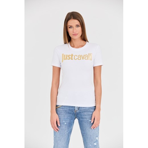 JUST CAVALLI Biały t-shirt Logo Gold, Wybierz rozmiar XL ze sklepu outfit.pl w kategorii Bluzki damskie - zdjęcie 165811183
