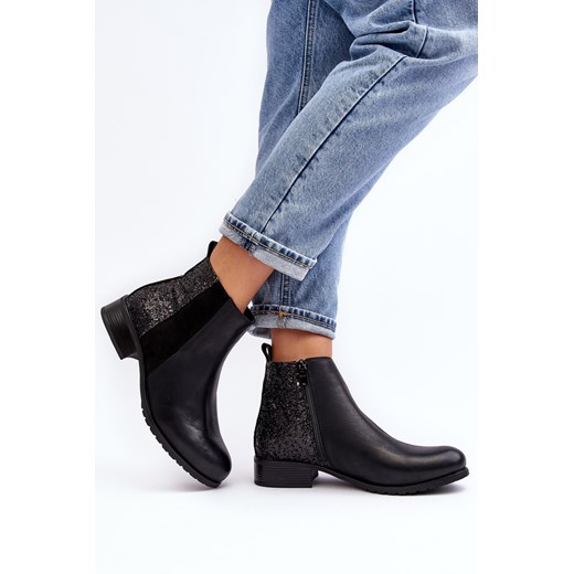 Botki Sztyblety Płaski Obcas Cekiny Czarne Messio M671 Ph2 38 ZAZOO
