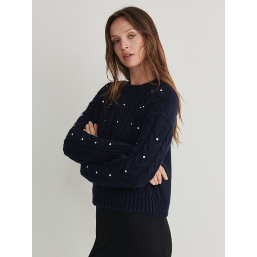 Reserved - Sweter z kryształkami - granatowy ze sklepu Reserved w kategorii Swetry damskie - zdjęcie 165875884