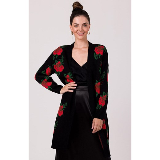 Długi kardigan w róże czarny BK102, Kolor czarny-wzór, Rozmiar uniwersalny, BeWear ze sklepu Primodo w kategorii Swetry damskie - zdjęcie 166008770