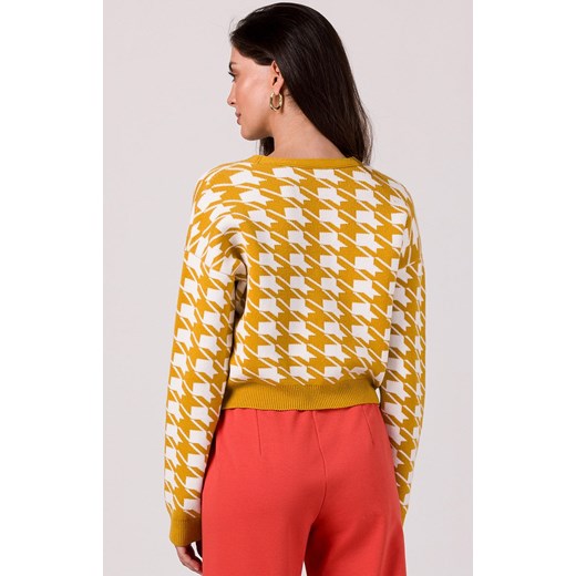 Krótki kardigan w pepitkę miodowy BK104, Kolor miodowy, Rozmiar L/XL, BeWear ze sklepu Primodo w kategorii Swetry damskie - zdjęcie 166008804