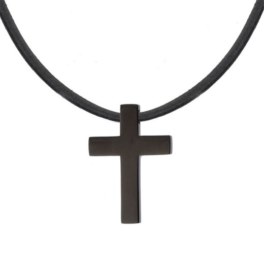 Elegancki naszyjnik z krzyżykiem – czarny krzyż ze stali szlachetnej na czarnym rzemieniu ze sklepu manoki.pl w kategorii Naszyjniki męskie - zdjęcie 166024173