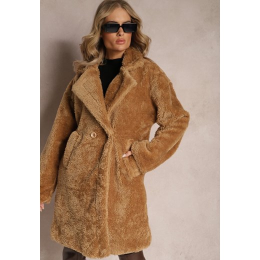 Ciemnobeżowy Płaszcz Typu Teddy z Futerka z Kieszeniami Serenzi ze sklepu Renee odzież w kategorii Płaszcze damskie - zdjęcie 166041384