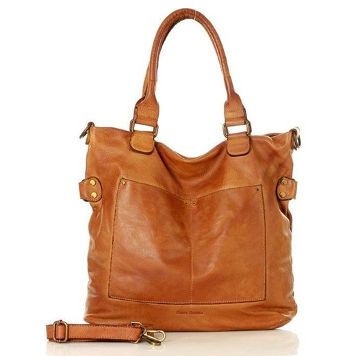 Torebka skórzana XL shopper vintage bag z kieszeniami vera pelle - MARCO MAZZINI brąz camel ze sklepu Verostilo w kategorii Torby Shopper bag - zdjęcie 166054643