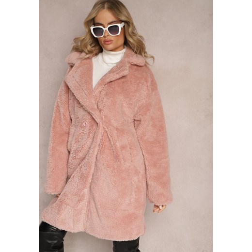 Różowy Płaszcz Typu Teddy z Futerka z Kieszeniami Serenzi ze sklepu Renee odzież w kategorii Płaszcze damskie - zdjęcie 166055471