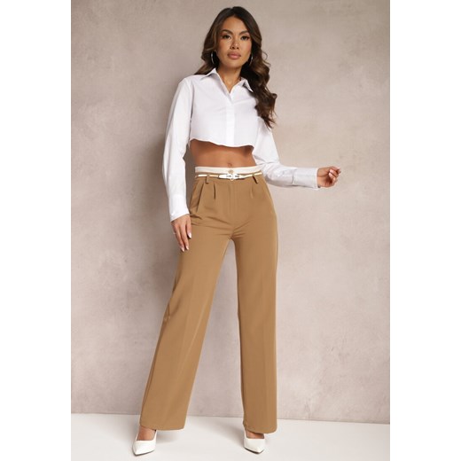Jasnobrązowe Spodnie Garniturowe High Waist z Przeszyciami Variola ze sklepu Renee odzież w kategorii Spodnie damskie - zdjęcie 166060161