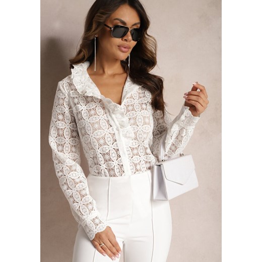 Biała Koszula z Ażurową Koronką i Stójką Bellady ze sklepu Renee odzież w kategorii Koszule damskie - zdjęcie 166060212