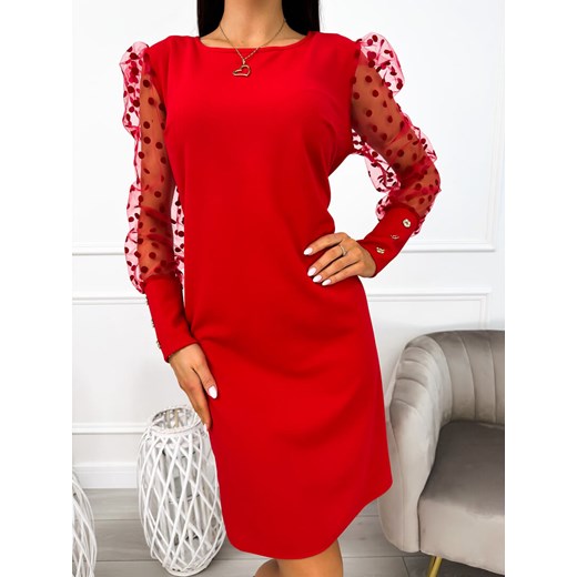 Czerwona Sukienka z Ozdobnym Rękawem ze sklepu ModnaKiecka.pl w kategorii Sukienki - zdjęcie 166078142