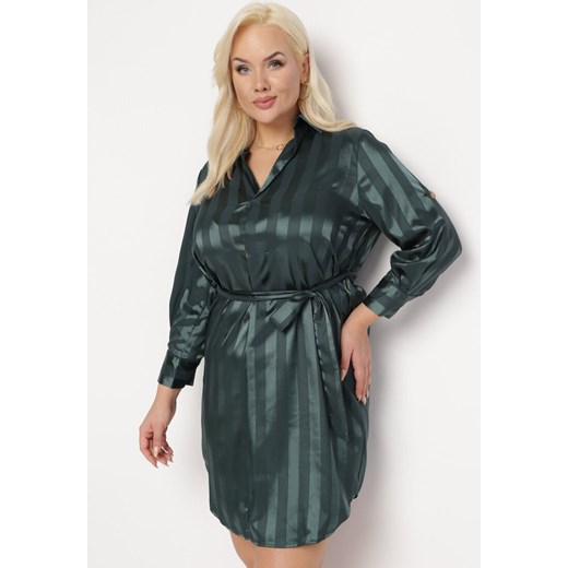 Zielona Koszulowa Satynowa Sukienka Midi w Paski Wiązana w Talii Vivanta 2XL wyprzedaż Born2be Odzież
