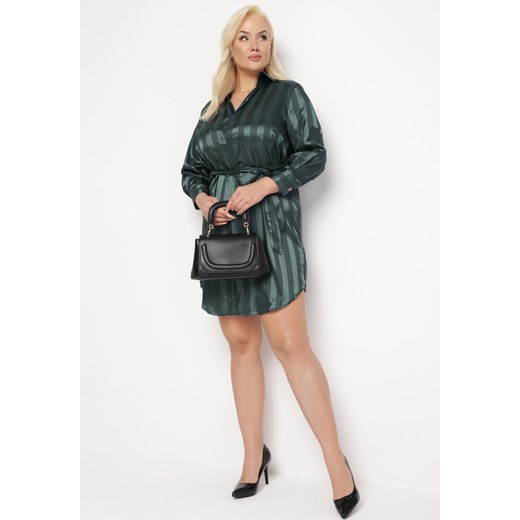 Zielona Koszulowa Satynowa Sukienka Midi w Paski Wiązana w Talii Vivanta L Born2be Odzież okazja