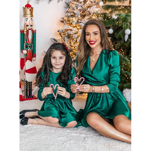 Zestaw świątecznych satynowych sukienek mama i córka Lozmiaa - butelkowa zieleń Pakuten 80/86 wyprzedaż pakuten.pl