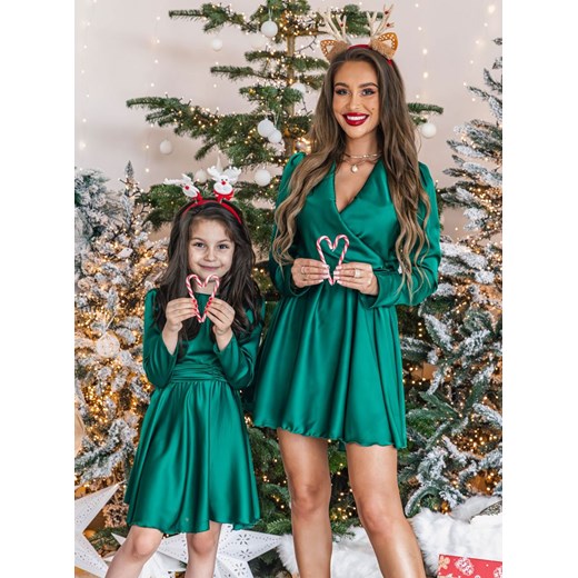 Zestaw świątecznych satynowych sukienek mama i córka Lozmiaa - butelkowa zieleń Pakuten 80/86 okazja pakuten.pl