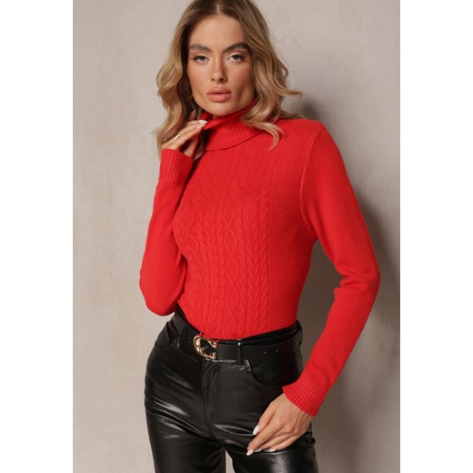 Czerwony Golf z Długim Rękawem w Warkoczykowy Splot Ismeria ze sklepu Renee odzież w kategorii Swetry damskie - zdjęcie 166145470