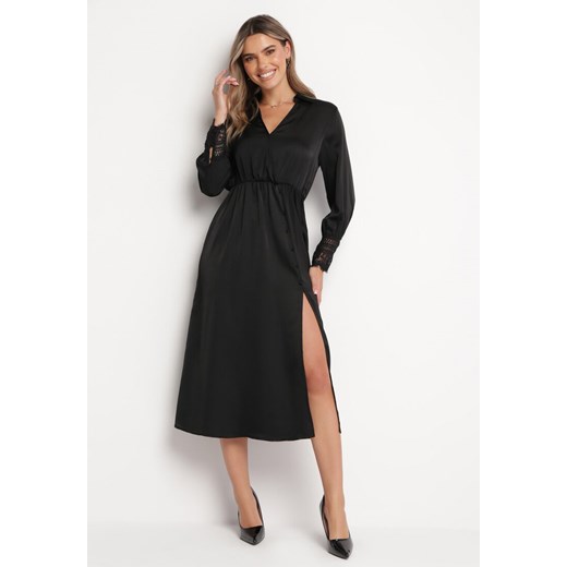 Czarna Sukienka Midi z Gumką w Talii i Koronkowym Zdobieniem Vionia ze sklepu Born2be Odzież w kategorii Sukienki - zdjęcie 166145873