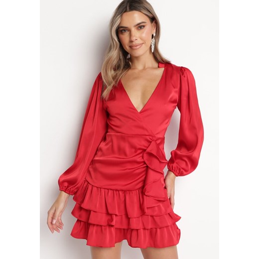 Czerwona Kopertowa Sukienka Mini z Falbankami Oledo ze sklepu Born2be Odzież w kategorii Sukienki - zdjęcie 166145933