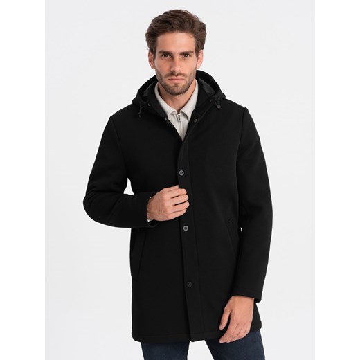 Męski ocieplany płaszcz z kapturem i krytym zamkiem - czarny V1 OM-COWC-0110 ze sklepu ombre w kategorii Płaszcze męskie - zdjęcie 166151290